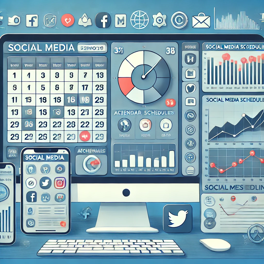 DALL·E 2024 10 24 21.55.19 An illustration of a modern social media scheduling tool on a desktop and mobile devices showing an organized dashboard with calendar schedules soci